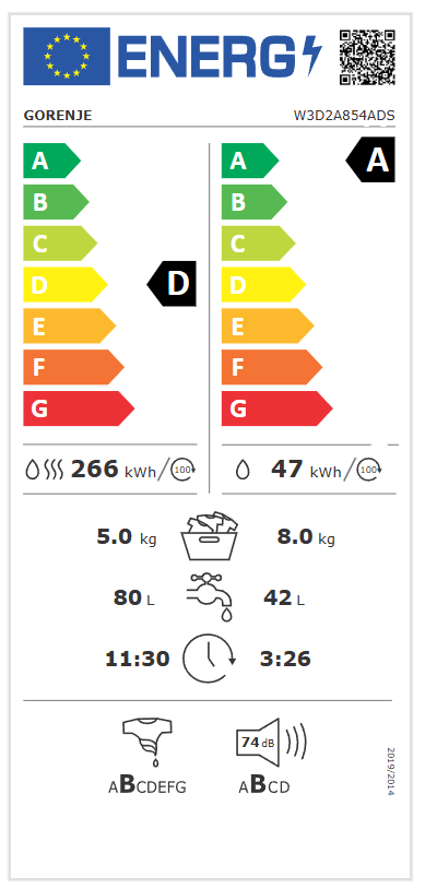 Gorenje W3D2A854ADS Mosó-szárítógép energiacímke